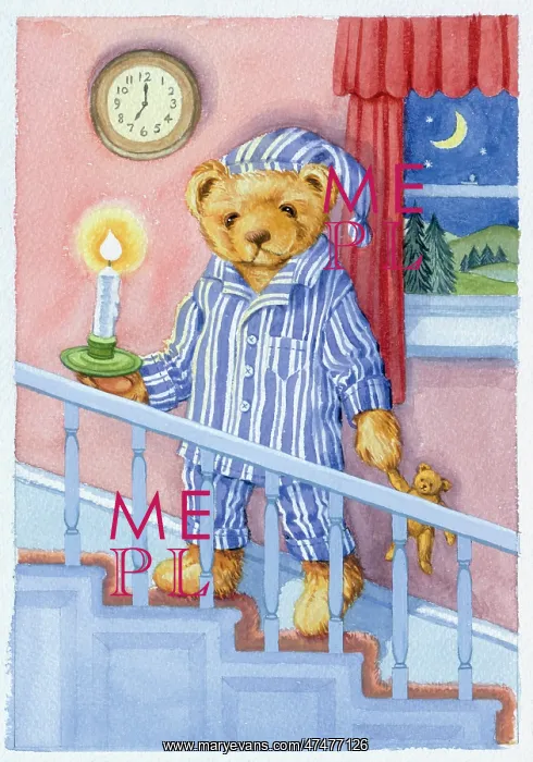 : Teddy on stairs in pyjamas off to bed with teddy : Teddy on stairs in pyjamas off to bed with teddy