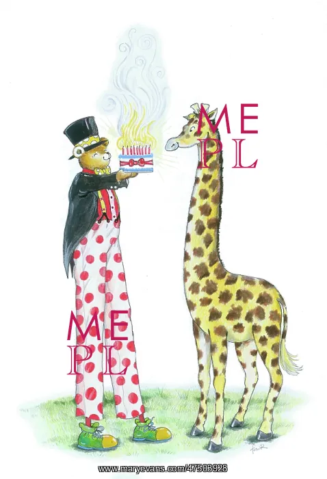 : Teddy on stilts with birthday cake for giraffe : Teddy on stilts with birthday cake for giraffe