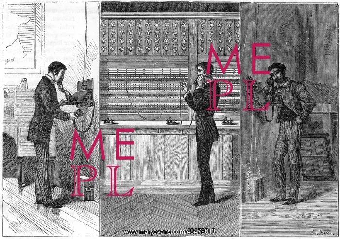 : Telephone: man on left is making call which passes : Telephone: man on left is making call which passes