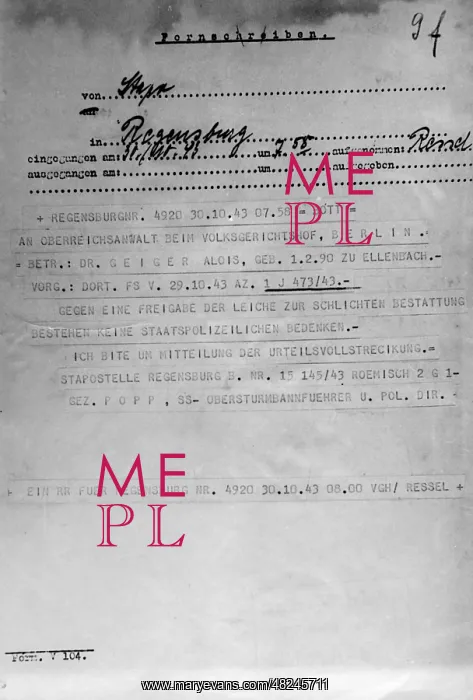 : Telex regarding the execution of Alois Geiger, 1943 : Telex regarding the execution of Alois Geiger, 1943