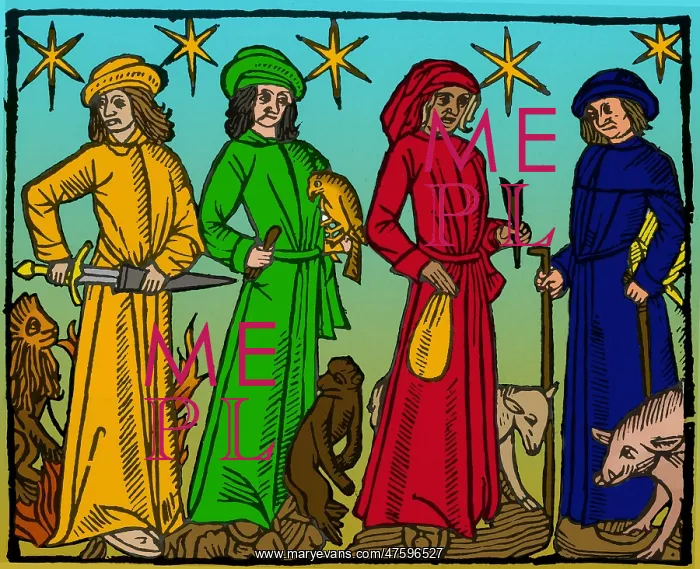 : Four Temperaments, Medieval Woodcut : Four Temperaments, Medieval Woodcut