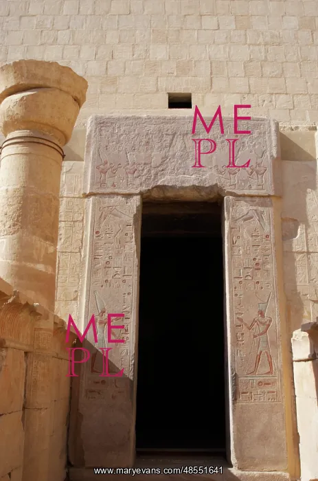: Temple of Hatshepsut. Door with polychrome reliefs represent : Temple of Hatshepsut. Door with polychrome reliefs represent