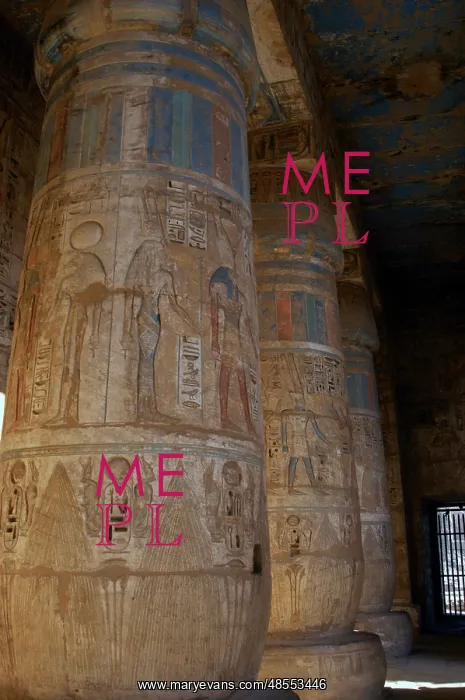 : Temple of Ramses III. Columns decorated with polychromed rel : Temple of Ramses III. Columns decorated with polychromed rel