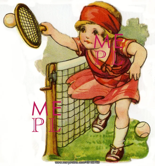 : Tennis. Artist: Ada Leonora Bowley. Girl in red volleys over the net : Tennis. Artist: Ada Leonora Bowley. Girl in red volleys over the net
