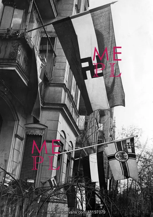 : Terrace front decorated with flags, 1933 : Terrace front decorated with flags, 1933