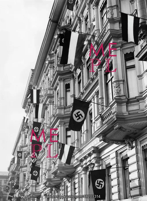 : Terrace front decorated with flags, 1935 : Terrace front decorated with flags, 1935