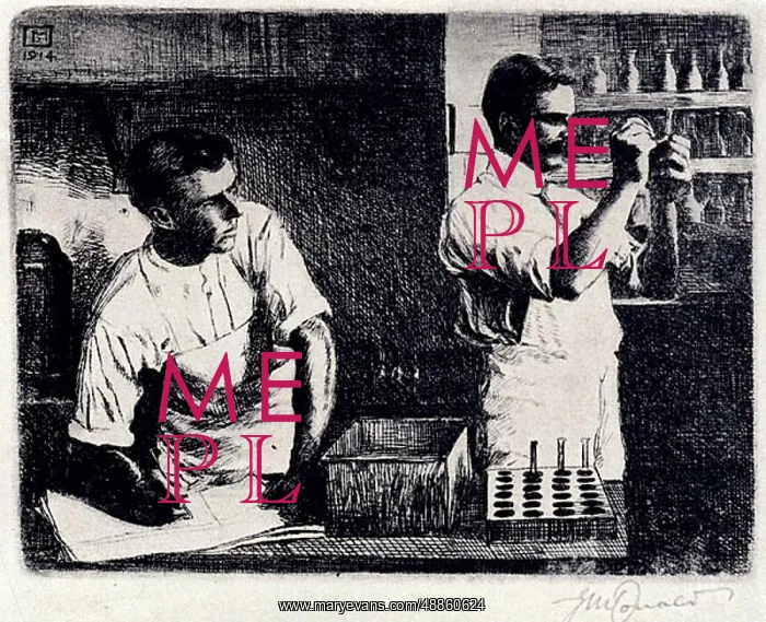 : The Test. An etching showing a scientist busy performing an important chemistry experiment : The Test. An etching showing a scientist busy performing an important chemistry experiment