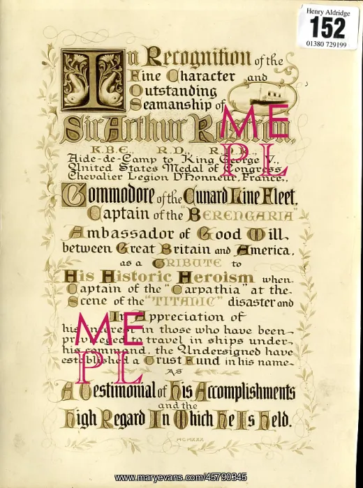 : Testimonial to Captain Rostron of the Carpathia : Testimonial to Captain Rostron of the Carpathia