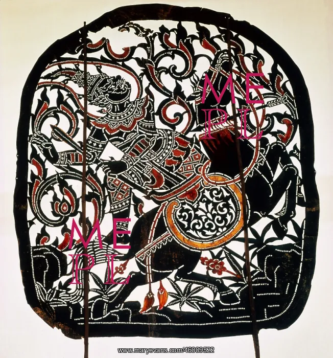 : Thai Arts. Thai Nang screen, scene from Ramakien, horse of Magarap hit, dyed, pressed : Thai Arts. Thai Nang screen, scene from Ramakien, horse of Magarap hit, dyed, pressed