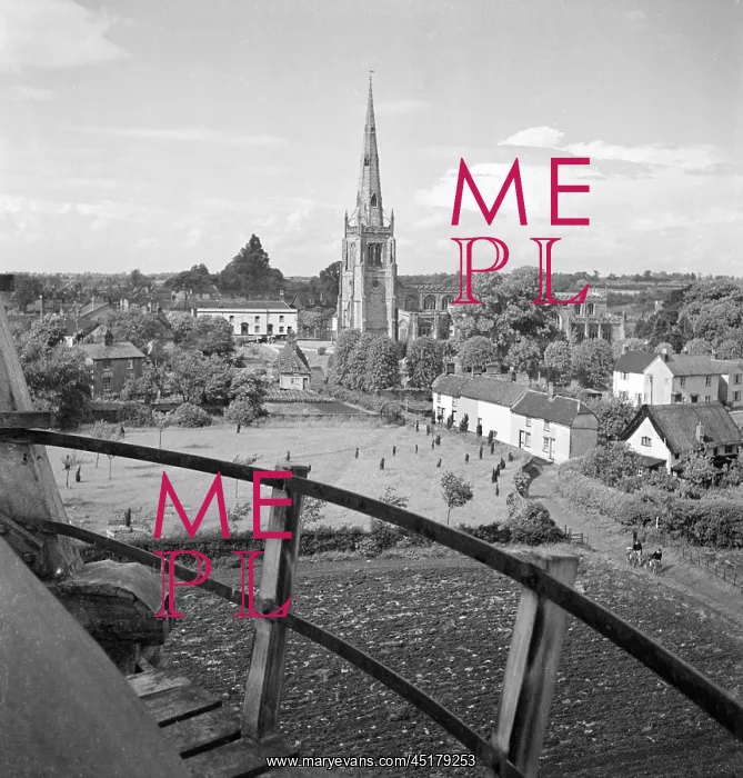 : Thaxted. View over the balcony at Thaxted Windmill, looking towards Thaxted Church : Thaxted. View over the balcony at Thaxted Windmill, looking towards Thaxted Church