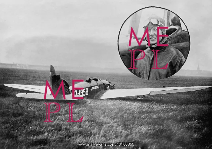: Thea Rasche and her airplane after a crash : Thea Rasche and her airplane after a crash