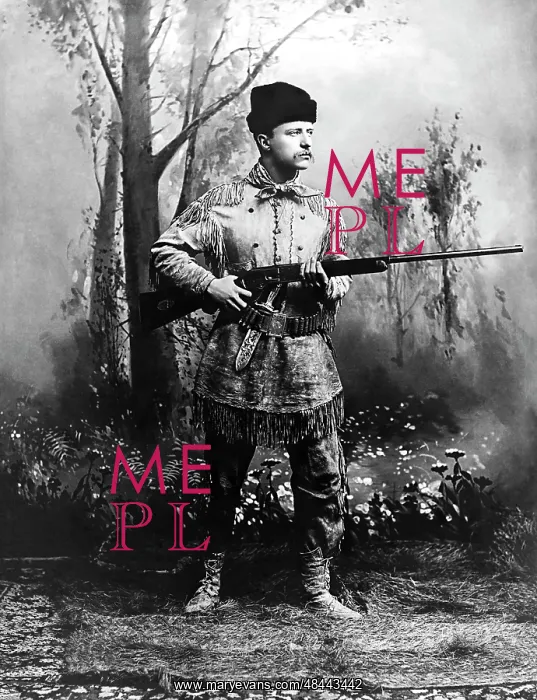 : Theodore Roosevelt, holding a rifle while : Theodore Roosevelt, holding a rifle while