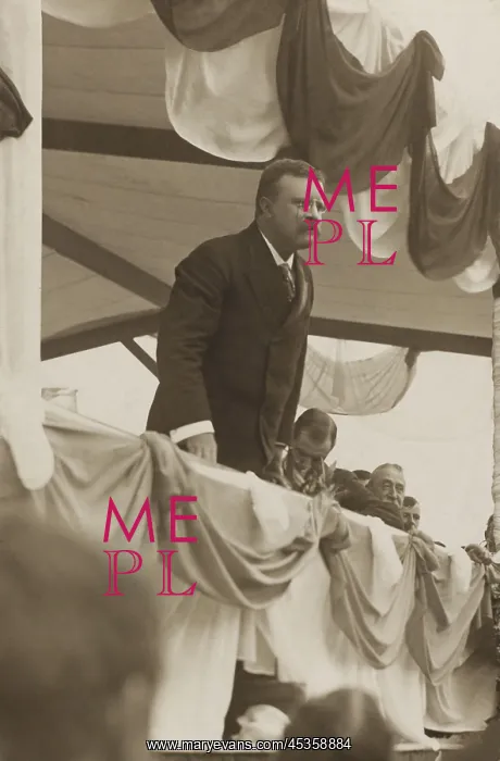 : Theodore Roosevelt speaking at from a bunting draped : Theodore Roosevelt speaking at from a bunting draped
