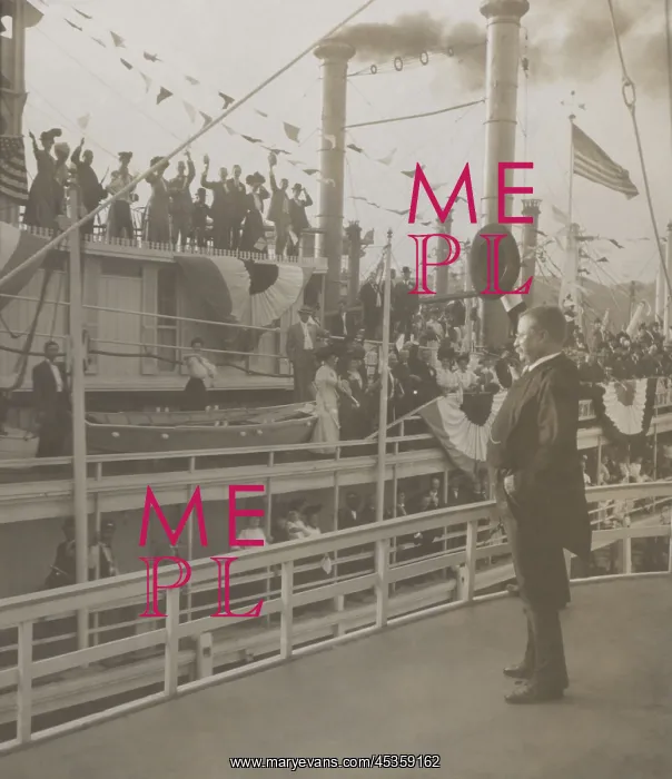 : Theodore Roosevelt waving to passengers on another : Theodore Roosevelt waving to passengers on another