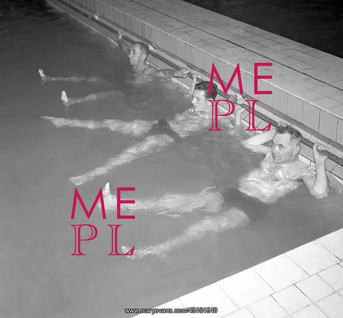 : Therapy. Czechoslovakia - Kladruby 1949. Men are floating in swimming pool : Therapy. Czechoslovakia - Kladruby 1949. Men are floating in swimming pool