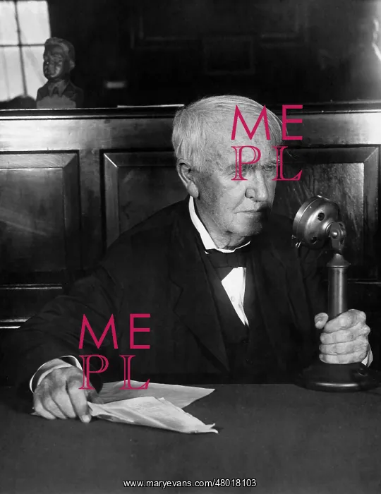: Thomas Alva Edison with a microphone, 1930 : Thomas Alva Edison with a microphone, 1930