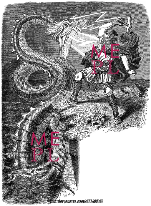: Thor, Germanic God, fighting against the Midgard Serpent, 18 : Thor, Germanic God, fighting against the Midgard Serpent, 18