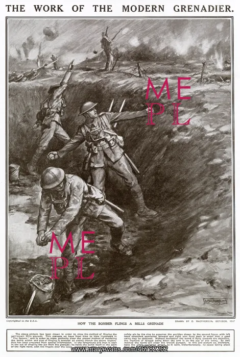 : Throwing Mills Grenades in Trenches 1917 : Throwing Mills Grenades in Trenches 1917