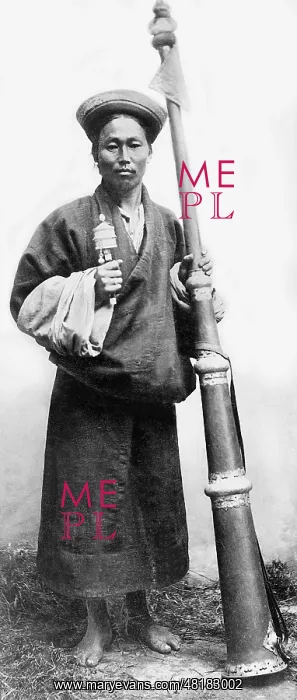 : Tibetan monk with a prayer trumpet, 1908 : Tibetan monk with a prayer trumpet, 1908