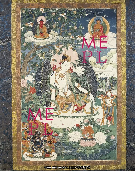 : Tibetan tanka with an illustration of a relaxed : Tibetan tanka with an illustration of a relaxed