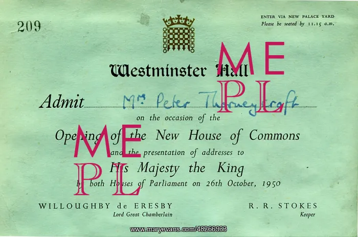 : Ticket for Westminster Hall opening : Ticket for Westminster Hall opening