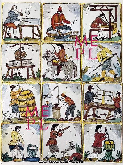 : Tile representation of handicrafts. Catalan school : Tile representation of handicrafts. Catalan school