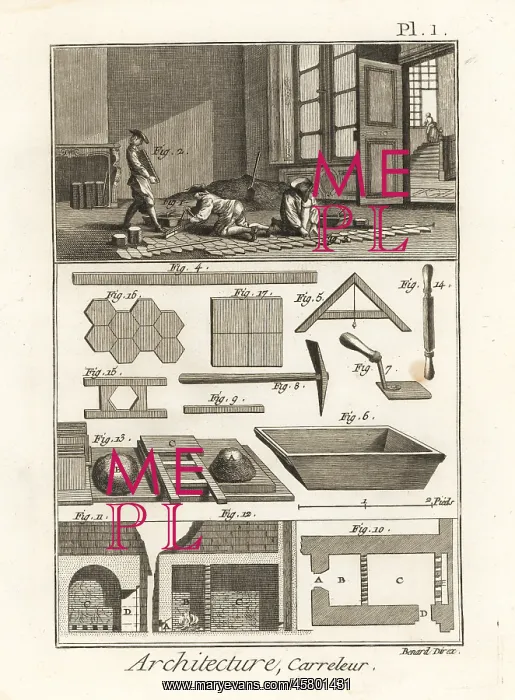 : Tilers working on a building floor, 18th century : Tilers working on a building floor, 18th century