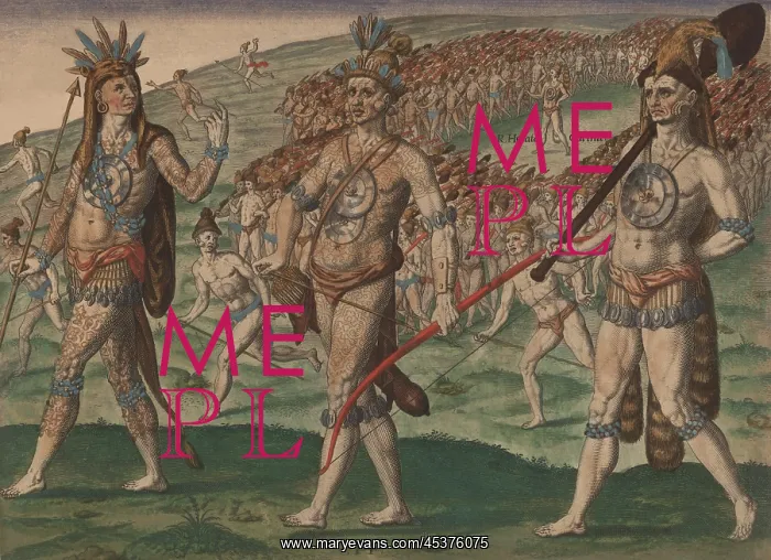 : Three Timucua vassal chiefs before a large : Three Timucua vassal chiefs before a large