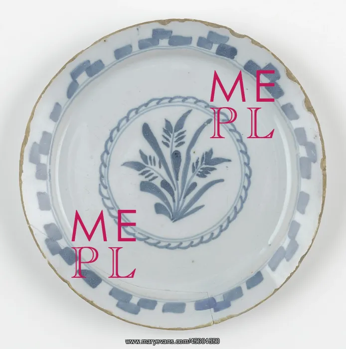 : Plate. Tin-glazed earthenware plate painted in blue with a central design : Plate. Tin-glazed earthenware plate painted in blue with a central design