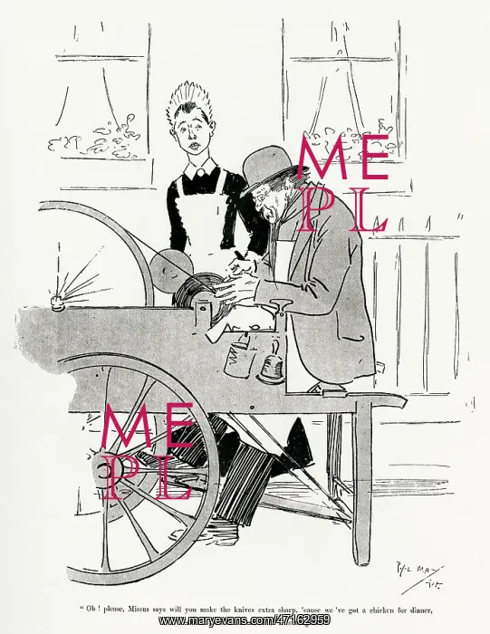 : Tinker sharpening a knife for a maid 1894 : Tinker sharpening a knife for a maid 1894