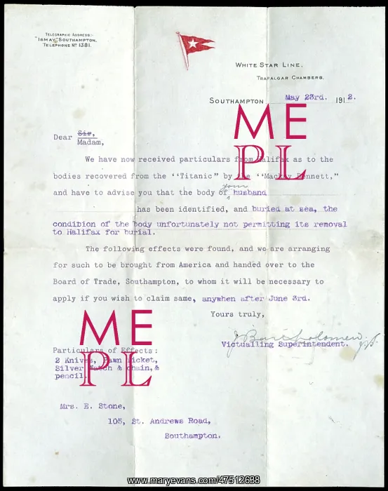 : TITANIC CASUALTY LETTER : TITANIC CASUALTY LETTER