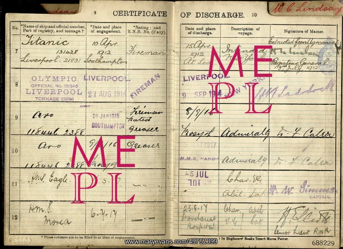 : Titanic fireman Lindsay continuous certificate of discharge : Titanic fireman Lindsay continuous certificate of discharge