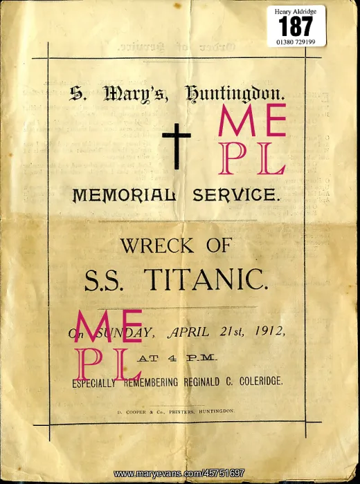 : Titanic memorial service programme, St Mary's Huntingdon : Titanic memorial service programme, St Mary's Huntingdon