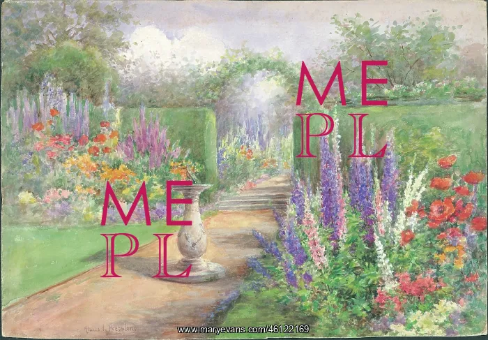 : (No title). Garden with flower borders, hedging and sundial : (No title). Garden with flower borders, hedging and sundial