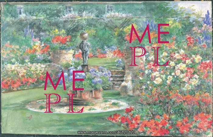 : (No title). Garden with flowers, statue, steps and trellace : (No title). Garden with flowers, statue, steps and trellace