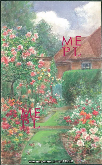: (No title). Garden with path, flower borders and house : (No title). Garden with path, flower borders and house
