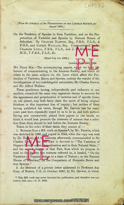 : Title page of the Darwin - Wallace paper : Title page of the Darwin - Wallace paper