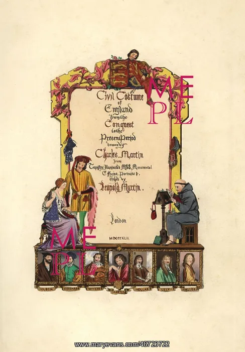 : Title page with medieval herald, monk and lady : Title page with medieval herald, monk and lady
