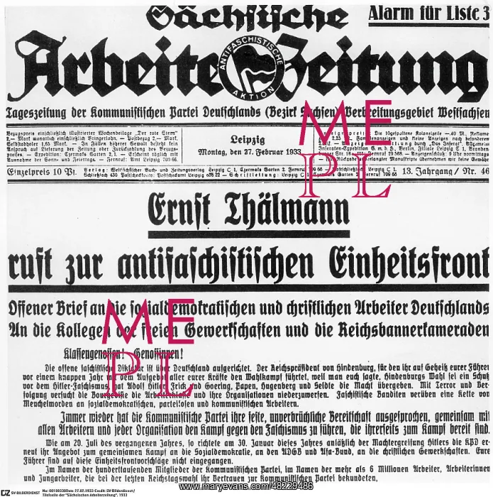 : Title page of the Saechsischen Arbeiterzeitung, 1933 : Title page of the Saechsischen Arbeiterzeitung, 1933