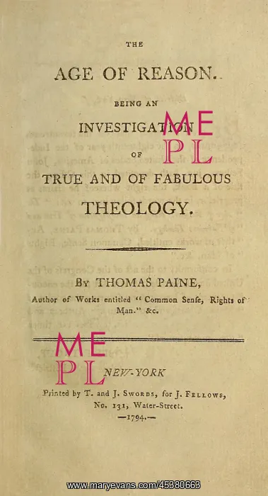 : Title Page of Thomas Paines, 1794 book, An : Title Page of Thomas Paines, 1794 book, An