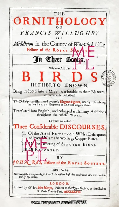 : Title page of Willughby's Ornithology : Title page of Willughby's Ornithology