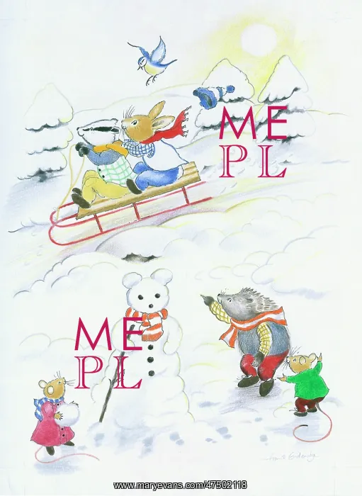 : Toboggan and snowman scene : Toboggan and snowman scene