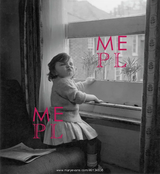 : Toddler at an open sash window, pulling a face : Toddler at an open sash window, pulling a face