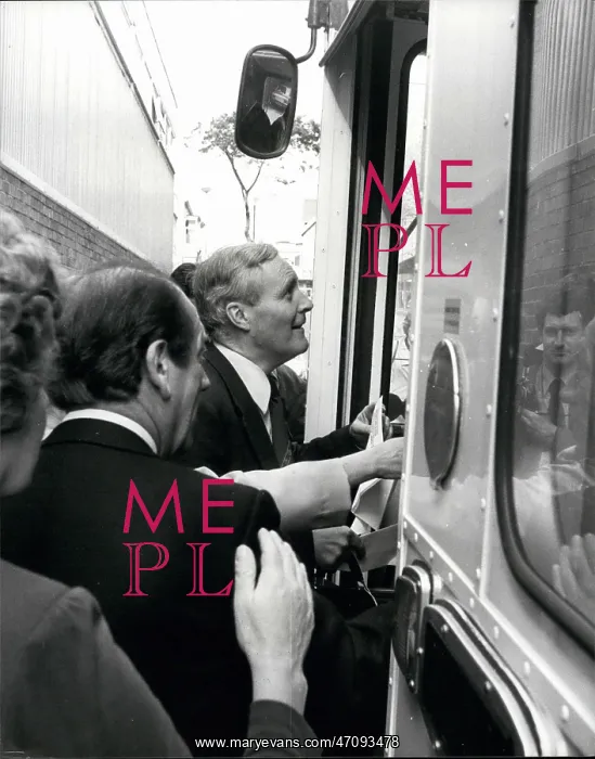 : Tony Benn attempts to board bus while in Blackpool : Tony Benn attempts to board bus while in Blackpool