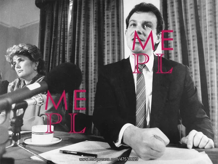 : Tony Blair and Brenda Dean at a conference table : Tony Blair and Brenda Dean at a conference table
