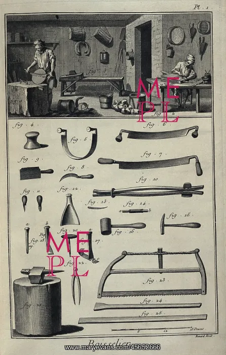 : Tools and Carpenters making a bucket and a bellows : Tools and Carpenters making a bucket and a bellows