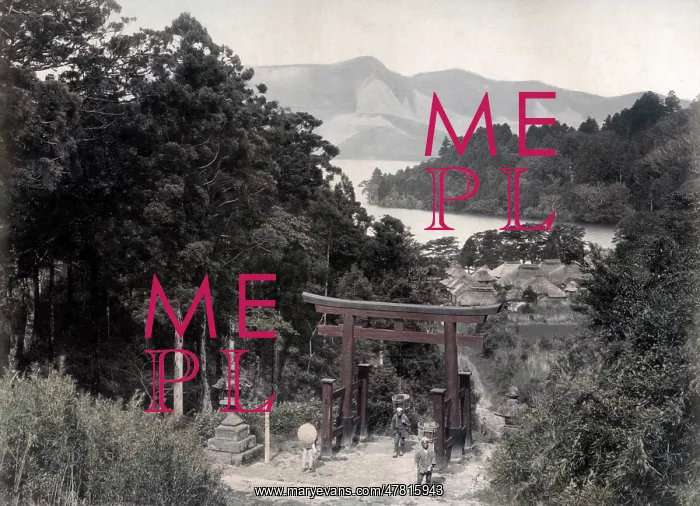: Torii beside the lake, Hakone, Japan, c.1880's : Torii beside the lake, Hakone, Japan, c.1880's