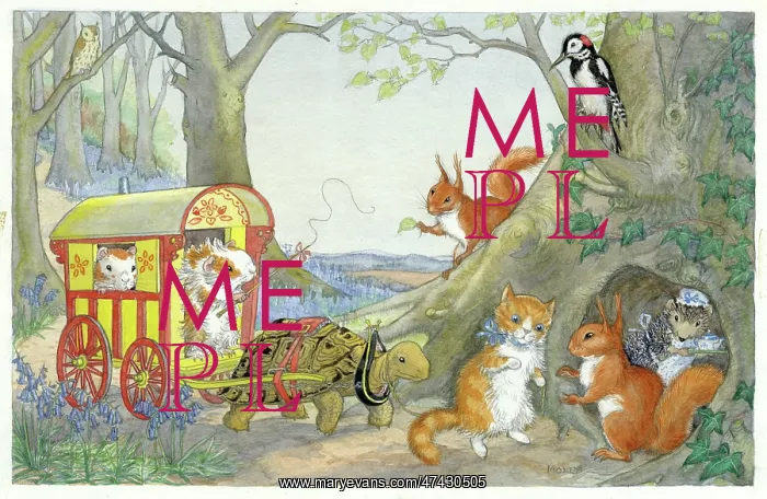 : A tortoise pulling a carriage past some woodland creatures : A tortoise pulling a carriage past some woodland creatures