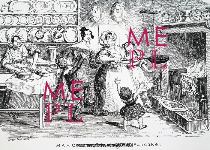  : Tossing the pan cake, a typical kitchen of the date, 1837