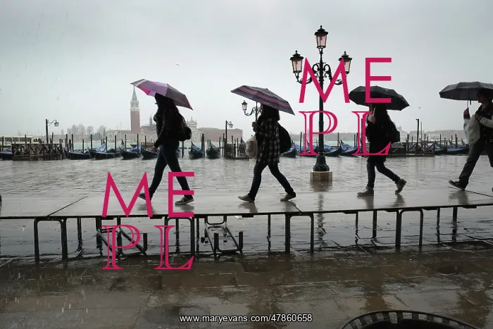 : Tourists carrying umbrellas on temporary walkway, Venice : Tourists carrying umbrellas on temporary walkway, Venice